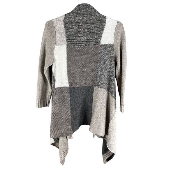 Chicos Womens M Patchwork Open Front Asym Cardigan Sweater Neutral Color Block - Picture 10 of 14